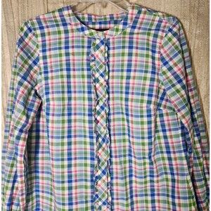 Talbots Long Sleeve Button Up Multicolor Pastel Ruffle Plaid Shirt Women's - S